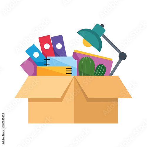 Open cardboard box filled with office supplies and a cactus plant