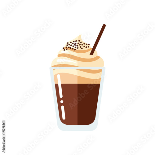 Delicious coffee drink with whipped cream and chocolate sprinkles in a glass