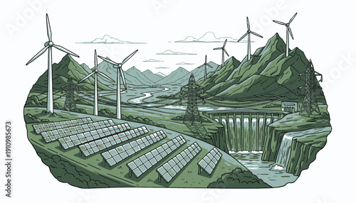 Renewable Energy Landscape with Solar Panels and Wind Turbines.