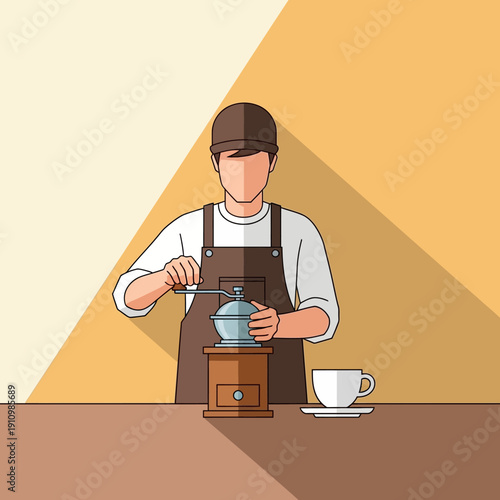 Barista grinding coffee beans with manual grinder, preparing fresh coffee for customer.
