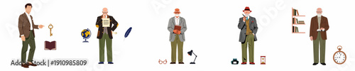 Collection of vintage-style men and objects related to literature, investigation, history, and academia in a flat illustration set.