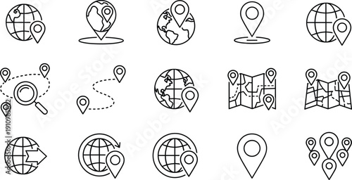 Global Navigation and Map Icon Set Featuring World Globe, GPS Location Pins, Paper Maps, Search Magnifying Glass, and Destination Routes.