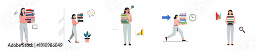 Vector illustration set showing a busy female office worker managing massive paperwork, documents, and binders under high workload and tight deadlines.