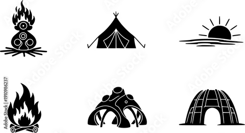 Minimalist Black and White Vector Icon Set Representing Camping Adventure Nature Shelters Fire and Outdoor Living