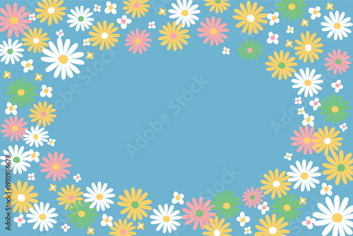 flat spring greeting card background with daisys.