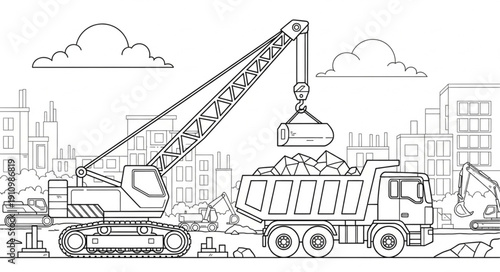 Crane Truck Loading Debris Construction Site.