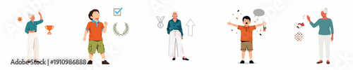 Collection of vector illustrations featuring diverse people celebrating success, achievement, winning, and victory with awards, trophies, and medals.