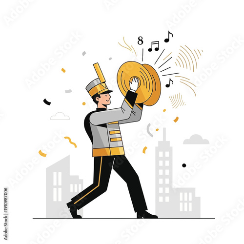 Enthusiastic Marching Band Percussionist Playing Cymbals in Urban Celebration Setting