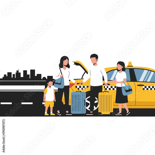 Family Arriving By Taxi With Luggage Ready For Travel Adventure