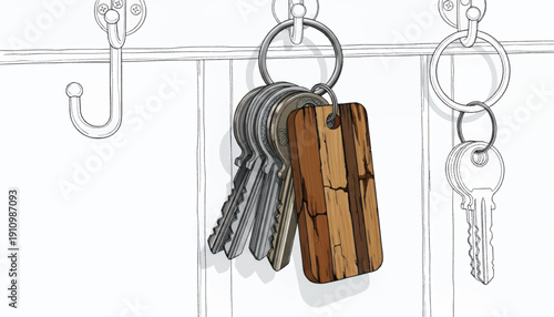 Set of keys hanging from a wooden keychain on a hook.