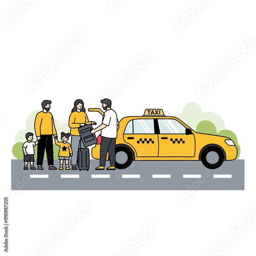 Family Vacation Arrival Excitement Loading Luggage Into Yellow Taxi Service