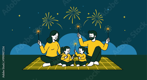 Family Celebration with Sparkling Fireworks Under the Night Sky on a Picnic Blanket