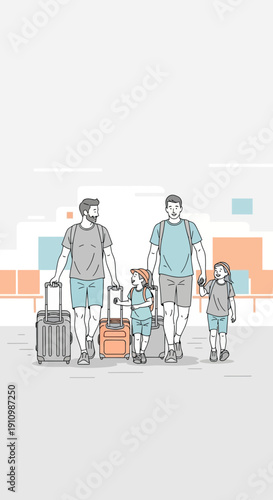 Family Vacation Journey With Luggage Airport Terminal Background Illustration