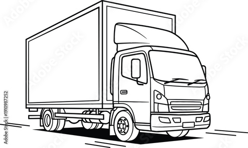 Minimalist line drawing of a commercial delivery truck for logistics and cargo transportation concept.