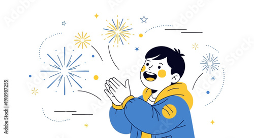 Excited Child Applauding Festive Fireworks Display on White Background Minimalist Style
