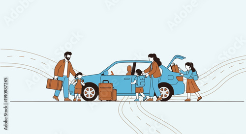 Family Vacation Road Trip Loading Luggage Into Blue Car For Adventure