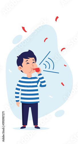 Excited Child Blowing Party Whistle Amidst Falling Confetti
