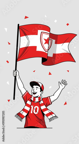 Excited Fan Celebrates Victory Holding Waving National Flag Wearing Jersey