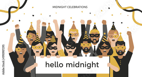 Excited Crowd Celebrating New Year With Party Hats and Confetti