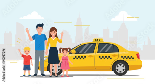 Family Vacation Ready For Yellow Taxi Adventure In The City