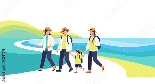 Family Vacation Seaside Stroll With Straw Hats And Backpacks