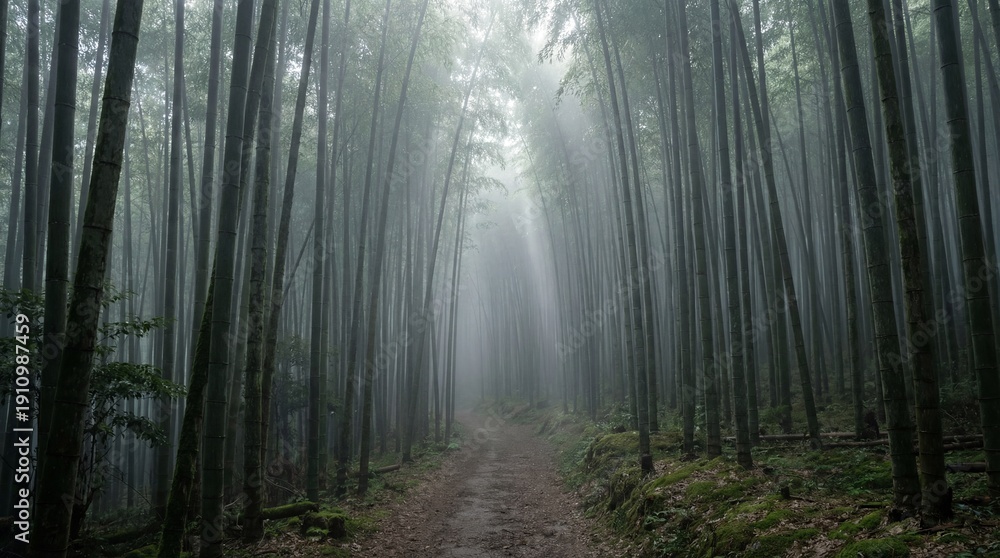 Fototapeta premium Pathway through a misty bamboo forest, where light pierces through the canopy. The towering bamboo creates a serene and immersive experience