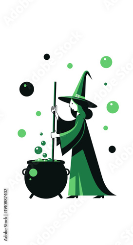 Enchanting Witch Stirring Cauldron Bubbling Potion Mystical Brew Halloween