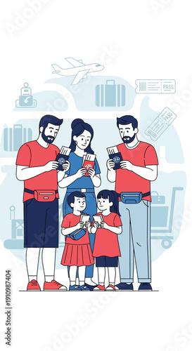 Family Embarking on Adventurous Flight, Preparing Passports, Embracing Journey Together