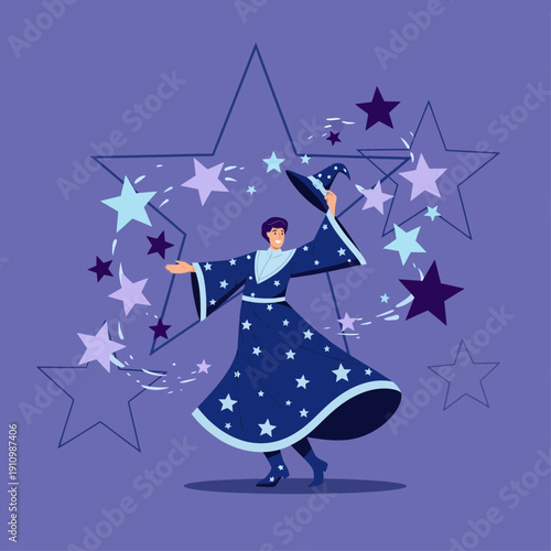 Enchanting Wizard Conjuring Stellar Magic Amidst Cosmic Orbs