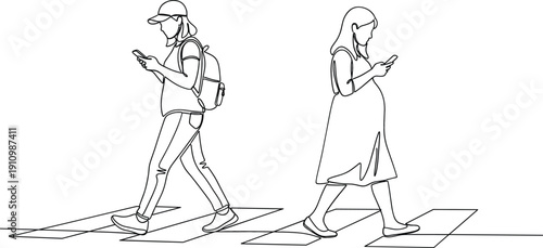Minimalist line art of distracted pedestrians using smartphones while walking on a crosswalk for urban safety awareness