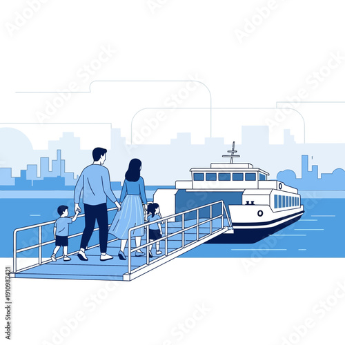 Family Embarking On A Scenic Ferry Boat Ride Towards City Skyline