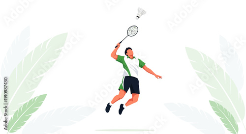 Energetic Badminton Player Leaping to Smash Shuttlecock Mid-Air