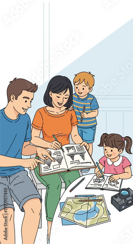 Family Engaged in Educational Activity Exploring Geography Together