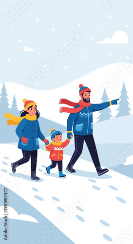 Family Winter Snow Walk Exploring Nature Outdoors Active Joyful Recreation