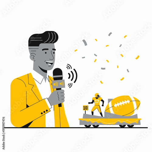 Energetic Broadcaster Presents American Football Parade Float With Confetti