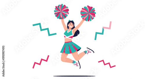 Energetic Cheerleader Dynamic Pose with Pom Poms and Festive Accents