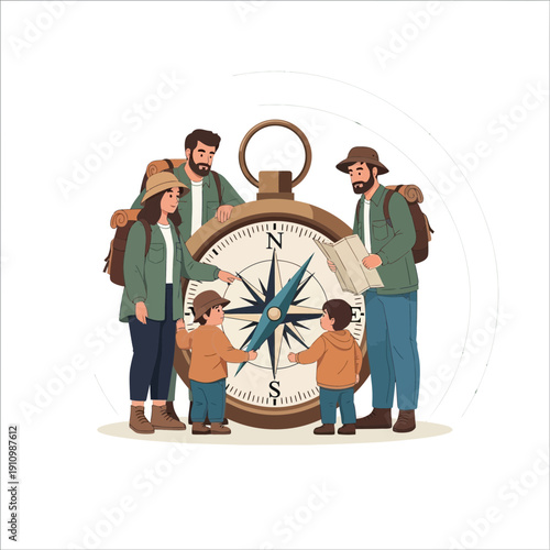 Family Exploration Adventure With Compass And Map Discovery Outdoors