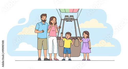 Family Excited For Hot Air Balloon Ride Adventure In The Sky