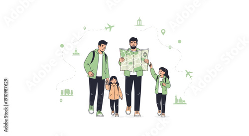 Family Exploring Destinations With Map And Travel Routes