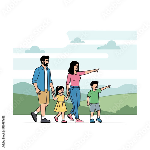 Family Exploring Nature Outdoors Showing Direction Together