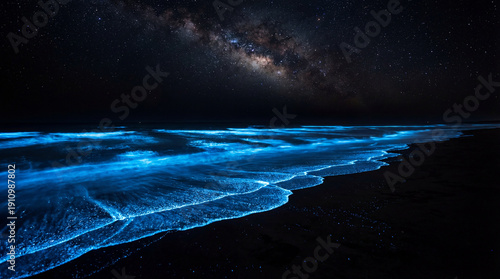 Night beach scene with glowing bioluminescent blue waves under starry sky and Milky Way. Magical and surreal natural phenomenon creating captivating and ethereal atmosphere