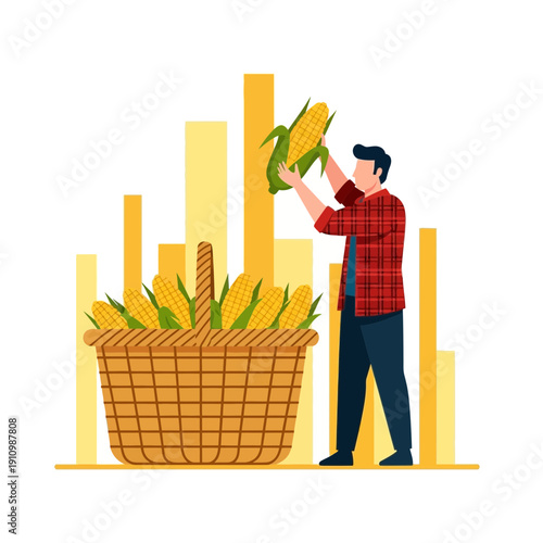 Farmer Harvests Abundant Corn Crop In A Basket With Growing Bar Chart Background