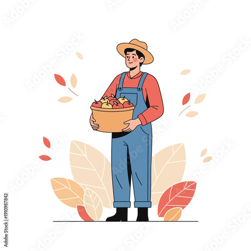 Farmer Holding Basket Of Freshly Picked Apples Autumn Harvest Celebration