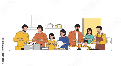 Family Gathering Together Preparing A Delicious Meal Together In The Kitchen