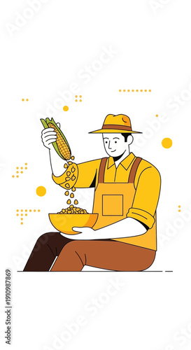 Farmer Harvests Corn Kernels Into Bowl With Joyful Expression