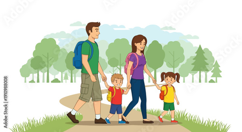 Family Hiking Adventure In Nature With Backpacks