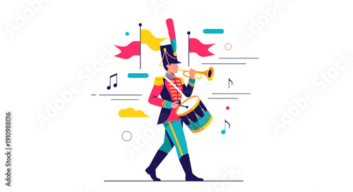 Energetic Marching Band Musician Playing Trumpet and Drum Solo
