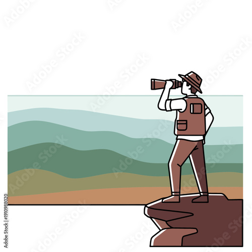 Explorer Gazing Through Binoculars At Distant Horizon Over Mountains Minimalist Vector Art