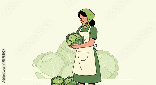 Farmer Woman With Harvested Cabbage Heads In A Field