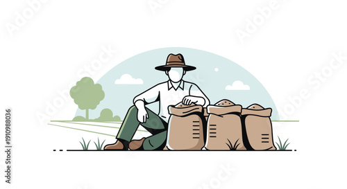 Farmer Sitting With Harvest Bags Rural Landscape Agriculture Concept